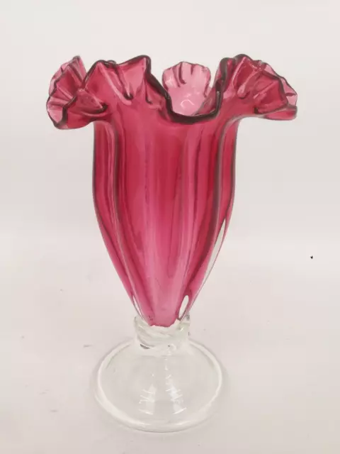 Vintage Cranberry Glass Vase Pink Hand Blown 10" Tall Possible Antique