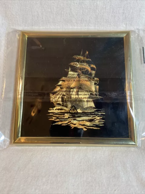1 Vintage Kafka Industries Gold Foil Art Etching Sailboat Ship Framed Pictures