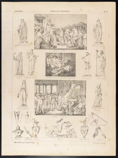 1860 Gravure histoire : Grecs et romains. Costumes, sacrifice, Euménides