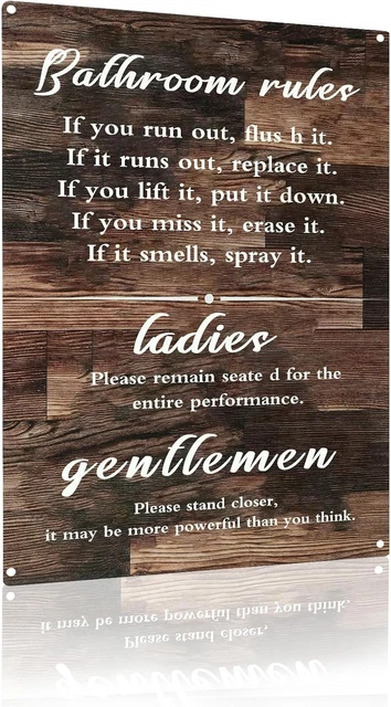 Bathroom Rules Funny Wood Sign – 5x5 Inch Shelf Sitter Or Wall Art, Rustic Decor