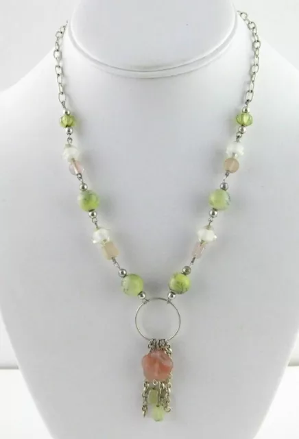 Handmade Sterling Silver Pink Green Beaded Necklace Cherry Blossom Pendant 925