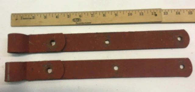 2 Vintage 15'' Farm Barn Door Gate Hand Forged Strap Hinges Great Red Patina