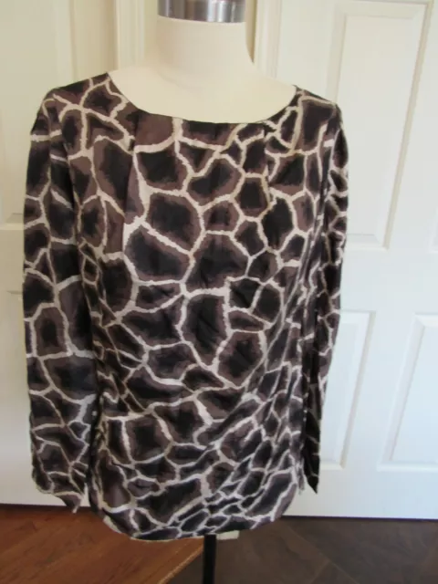 Elie Tahari Women's Brown/Black/Beige Long Sleeve Back zip Silk Blouse Size S/P