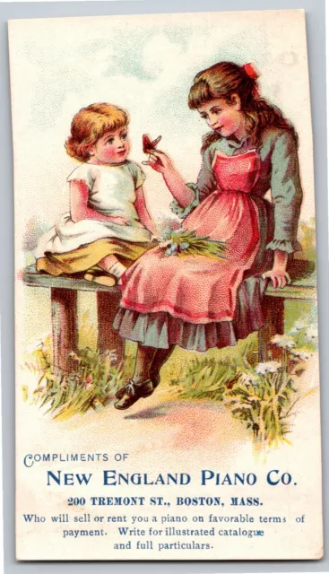 New England Piano Co Tremont St. Boston Victorian Trade Card  Girls w/ Butterfly