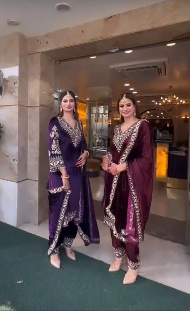 Shrara Salwar Kameez Abito Indiano Pakistano Abito Da Sposa Festa Abbigliamento Velluto Inverno