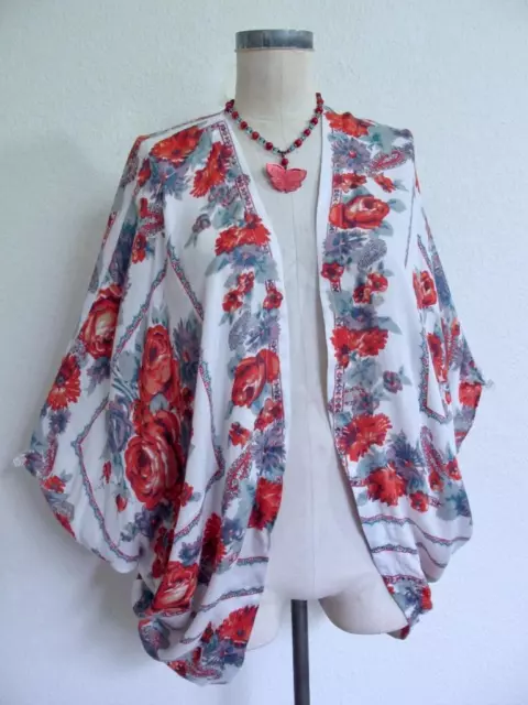 Kimchi Blue Open Kimono Draped Topper Cardigan Jacket XS S Roses Red Floral