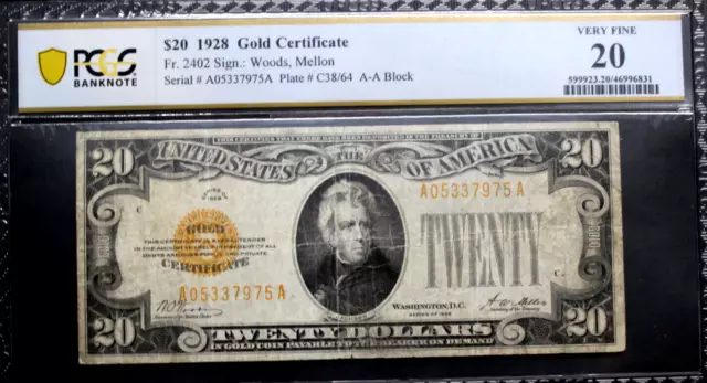 1928 $20 Twenty Dollar Gold Certificate Note   Pcgs Very Fine 20 Fr# 2402 Aa