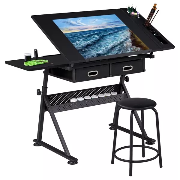 Drafting Table/Stool Set w/ Adjustable Table Angles,2 Drawers,Extra Board, Black