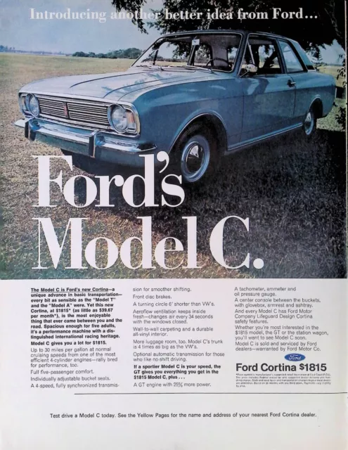 Print Ad 1968 Blue Ford Cortina Model C GT Station Wagon Tree Field