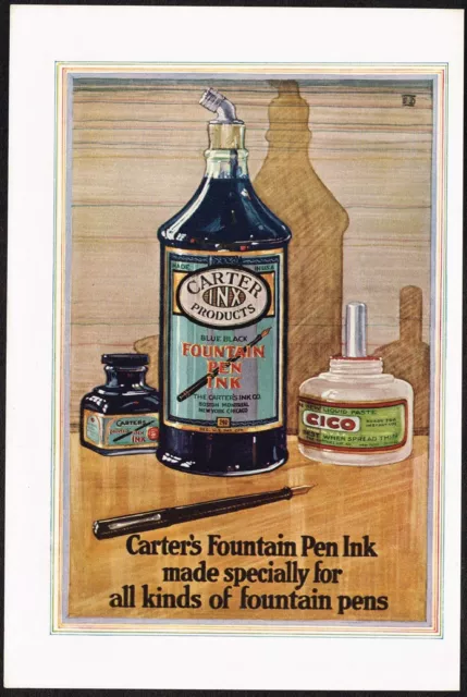 1920s Vintage Carters Fountain Pen Ink Bottle Color Art Print Ad