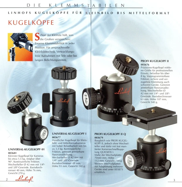 LINHOF HEADS TRIPOD brochure 2001 8/01 brochure prospectus catalogue