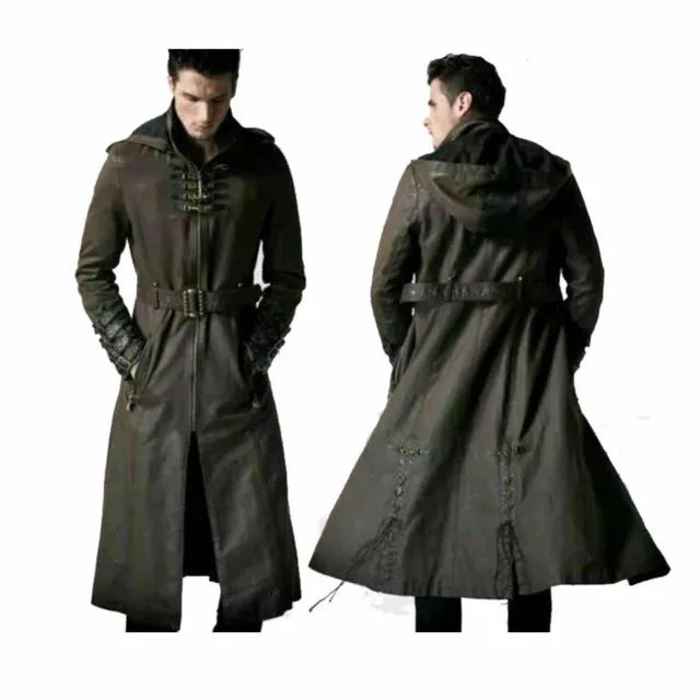 MENS REAL LEATHER Hooded Coat Steampunk Gothic Military Trench Long ...