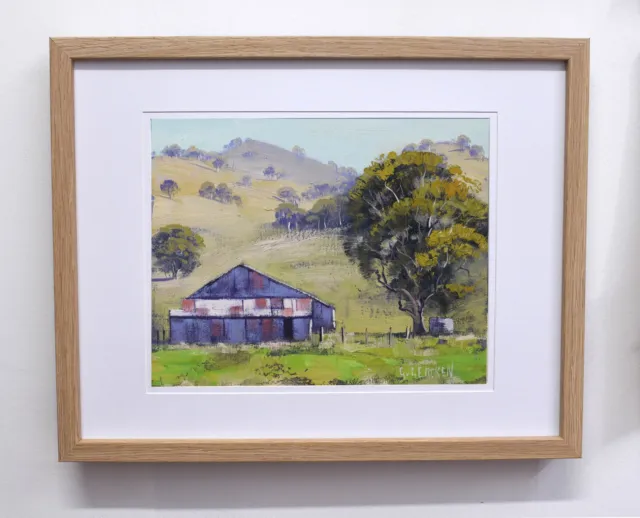 Framed , Australian Landscape, Gum Trees with old Farm Sheds Mudgee by Gercken