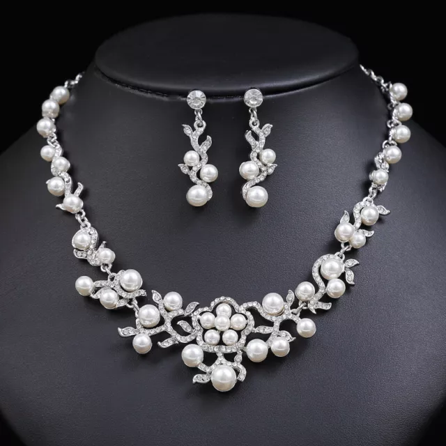 White Faux Pearl Crystal Flower Leaf Necklace Earrings Wedding Bridal Party Set