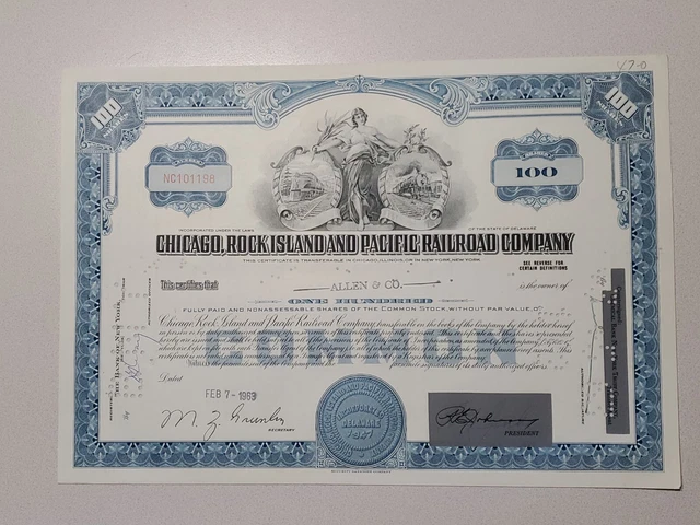Chicago, Rock Island and Pacific Railroad Cancelled Stock Certificate