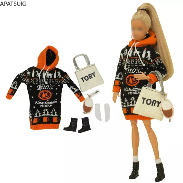 Mode Winter Hoodies für Barbie Puppe Outfits Mantel Weiße Tasche Socken Schuhe