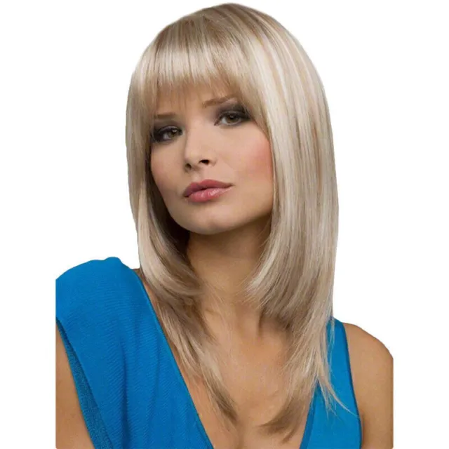 Women Natural Ombre Blonde Straight Full Wig Bangs Fake Hair Cut Cosplay Party .