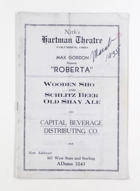 1935 playbill ROBERTA Raymond Middleton SYDNEY GREENSTREET Hartman Theatre OHIO