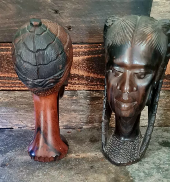 Vintage 40 Plus Years Old Ebony Carved African Heads Pair 3