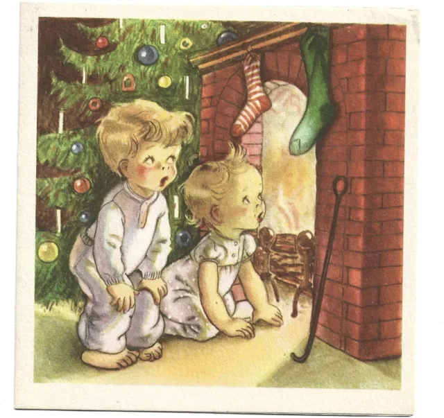 Vtg Christmas Card DARLING CHILDREN Look Up Chimney for Santa By Ars Sacra 1945