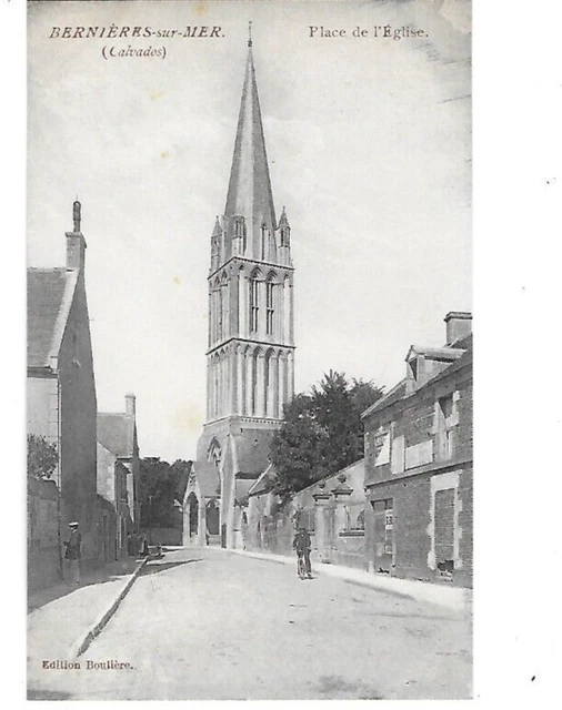 CPA carte postale ancienne Bernières sur mer Calvados Eglise animée