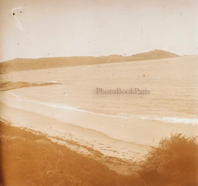 Plage La mer c1930 Photo Stereo Plaque de Verre Vintage V39nL17