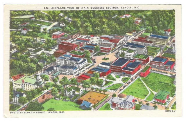 Vintage North Carolina Linen Postcard Airplane View Main Business Section Lenoir