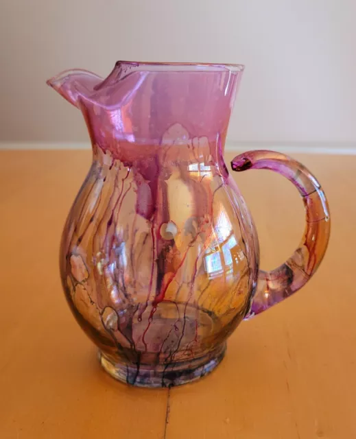 Vintage Art Glass Hand Blown Small Multi Color Drip Pink Glass Pitcher/Creamer