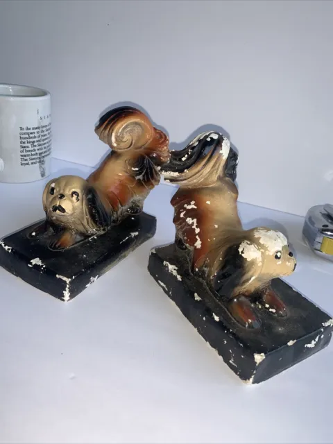 Vintage Chalkware Pekingese Dog Bookends