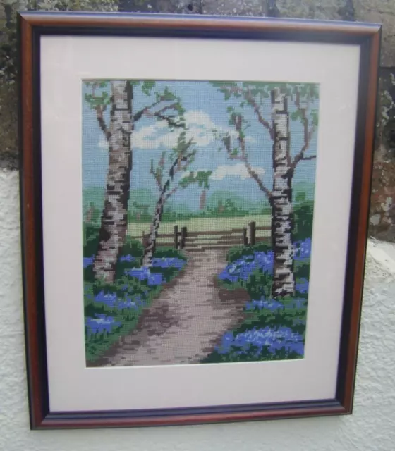 Vintage Tapestry Completed Framed Cross Stitch Rural Path Tree Scene 17'' x 14''