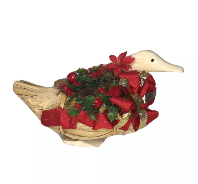 Corn Husk Reed Duck Decoy Hand Carved Wooden Head Folk Art Christmas Decor 14"