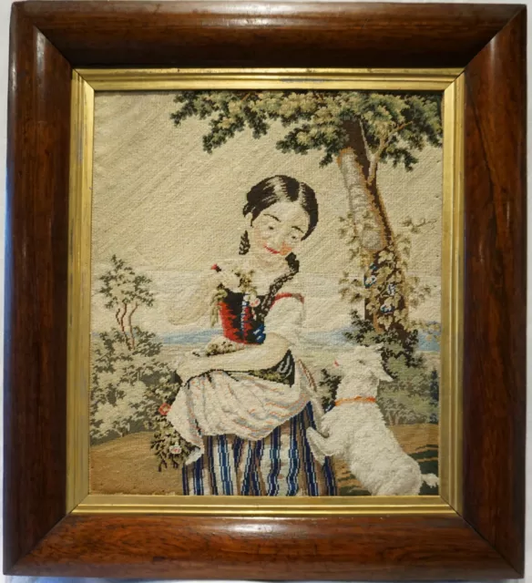MID 19TH CENTURY NEEDLEPOINT OF YOUNG GIRL WITH HER PET KID GOAT - c.1860