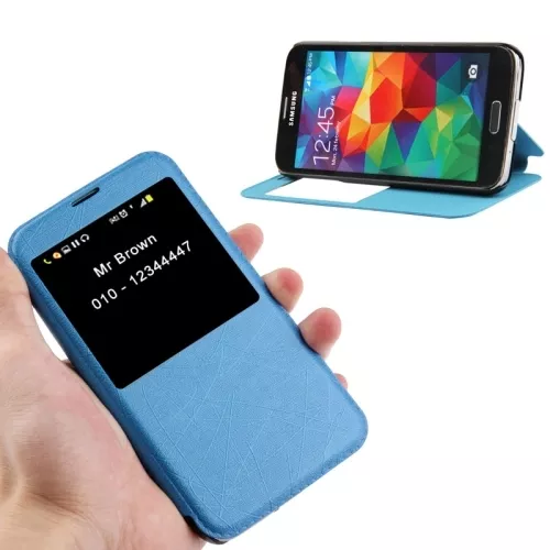 COVER CUSTODIA FLIP per SAMSUNG GALAXY S5 SM-G900 PELLE STAND+ID CALL BLUE NUOVO