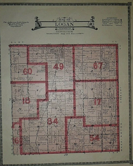 VINTAGE 1918 HISTORICAL Railroad & Plat Map LOGAN Twp. DODGE Co