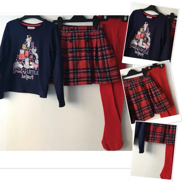 TU girls lined checked skirt exc u & George Xmas Top & new tights 5-6 Years