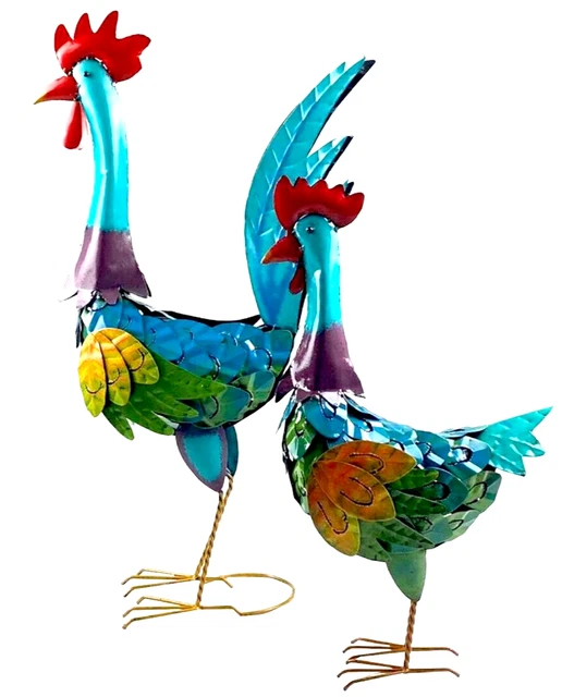 Hahn und Huhn aus Metall. Zwei große Eyecatcher für Haus und Garten