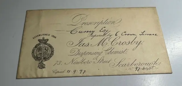 Antique Prescription Envelope M Crosby Chemist Scarborough to Mr Currey
