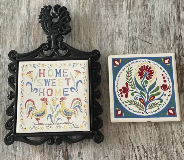 Cross-Stitch Patterned Ceramic Tile Rooster Trivet And Floral Trivet