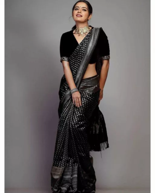Sari de seda suave Lichi Banarasi con pieza de blusa sin costuras Zari Work...