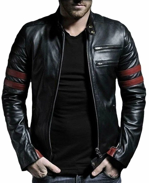 Giubbotto in Pelle da Uomo Moto Nero Slim fit Biker Giubbotto in vera pelle...