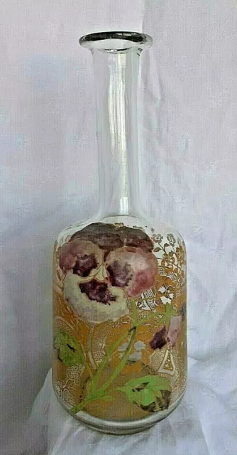Carafe en verre  émaillé  de pensées Art nouveau