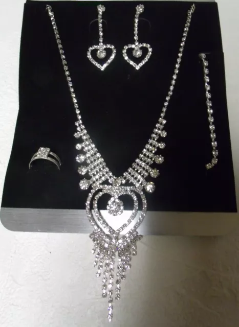 New Silver Tone Heart Necklace Bracelet Dangle Earrings Ring Rhinestone Prom *C5