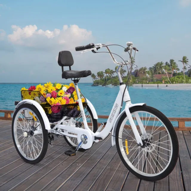 24-Inch Wheels And 7-Speed Adult Foldable Tricycle Cruiser Bike, Carrying Basket