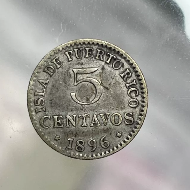 Original Puerto Rico KM20 5 Centavos 1896  VF Condition B15