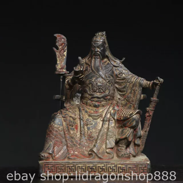 8" Old Chinese Copper Gilt Feng Shui Guan Gong Guan Yu General Statue Sculpture