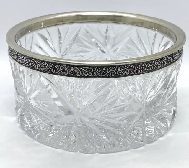 Vintage Cut Crystal Sterling Silver Rim Large Bowl