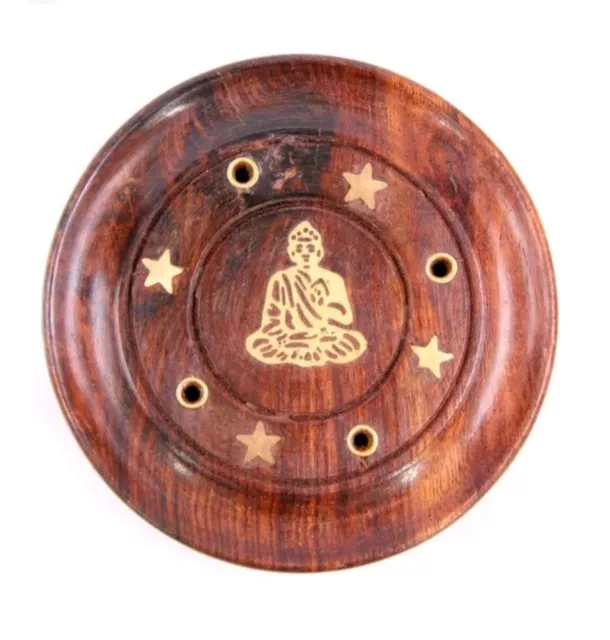 Round Wooden Buddah Incense Josh Stick Cone Plate Holder Ash Catcher