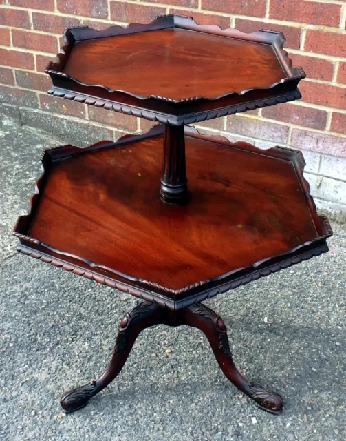 Georgian antique Chippendale style flame mahogany 2 tier side table dumb waiter