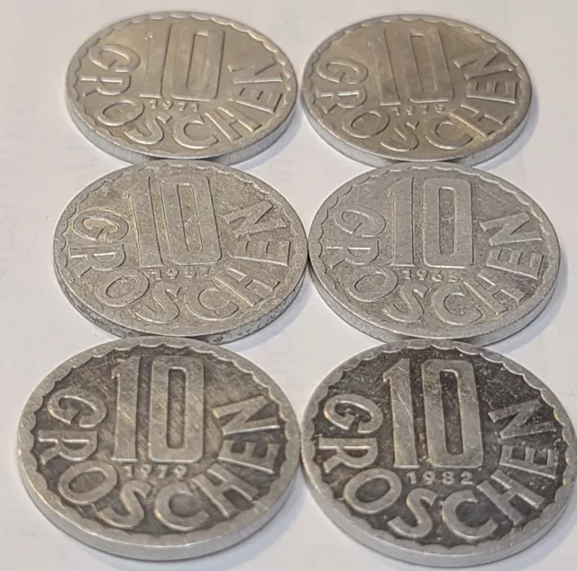 1957,1965,1971,1975,1979,1982 Austria 10 Groschen Europe Coin (6 COIN LOT)