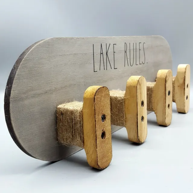 Rae Dunn "Lake Rules" Coat or Hat Rack, Wood & Twine, 17" long, 4 Hooks